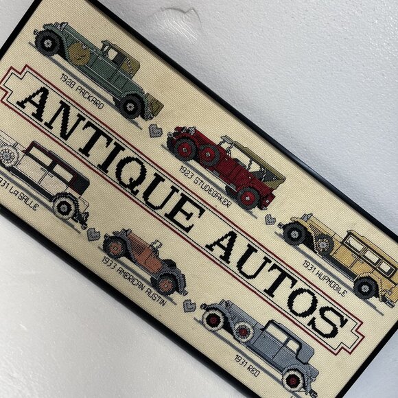 Framed "Antique Autos" Vintage Cross Stitch Wall Art Auto Enthusiasts Man Cave D - Picture 5 of 6